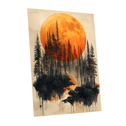 Ember Moon Forest, black, beige, orange nature wall art shown as a unframed poster wall art print