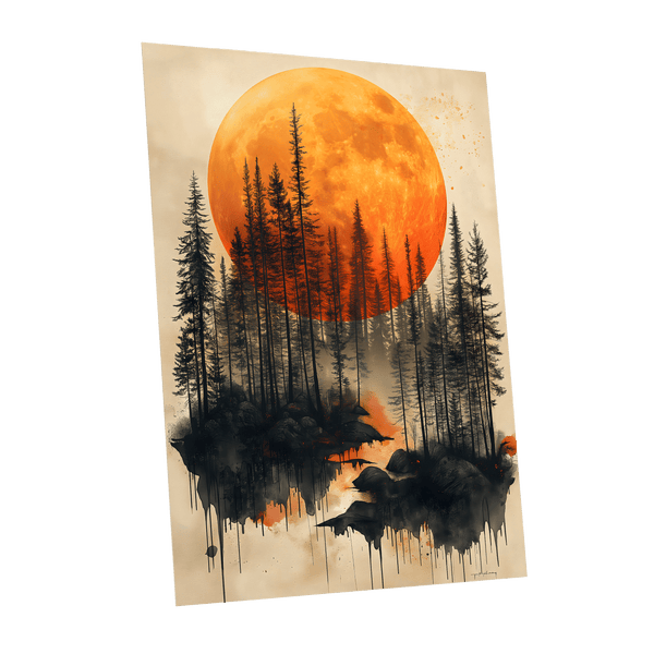 Ember Moon Forest, black, beige, orange nature wall art shown as a unframed poster wall art print