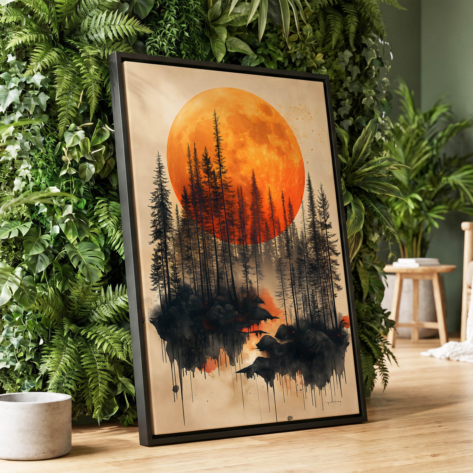 Ember Moon Forest, black, beige, orange nature wall art displayed in a styled interior, gallery view 1