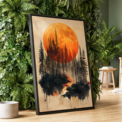 Ember Moon Forest, black, beige, orange nature wall art displayed in a styled interior, gallery view 1