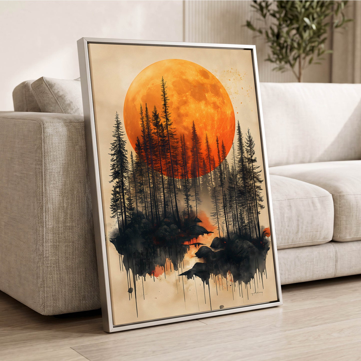Ember Moon Forest, black, beige, orange nature wall art displayed in a styled interior, gallery view 2