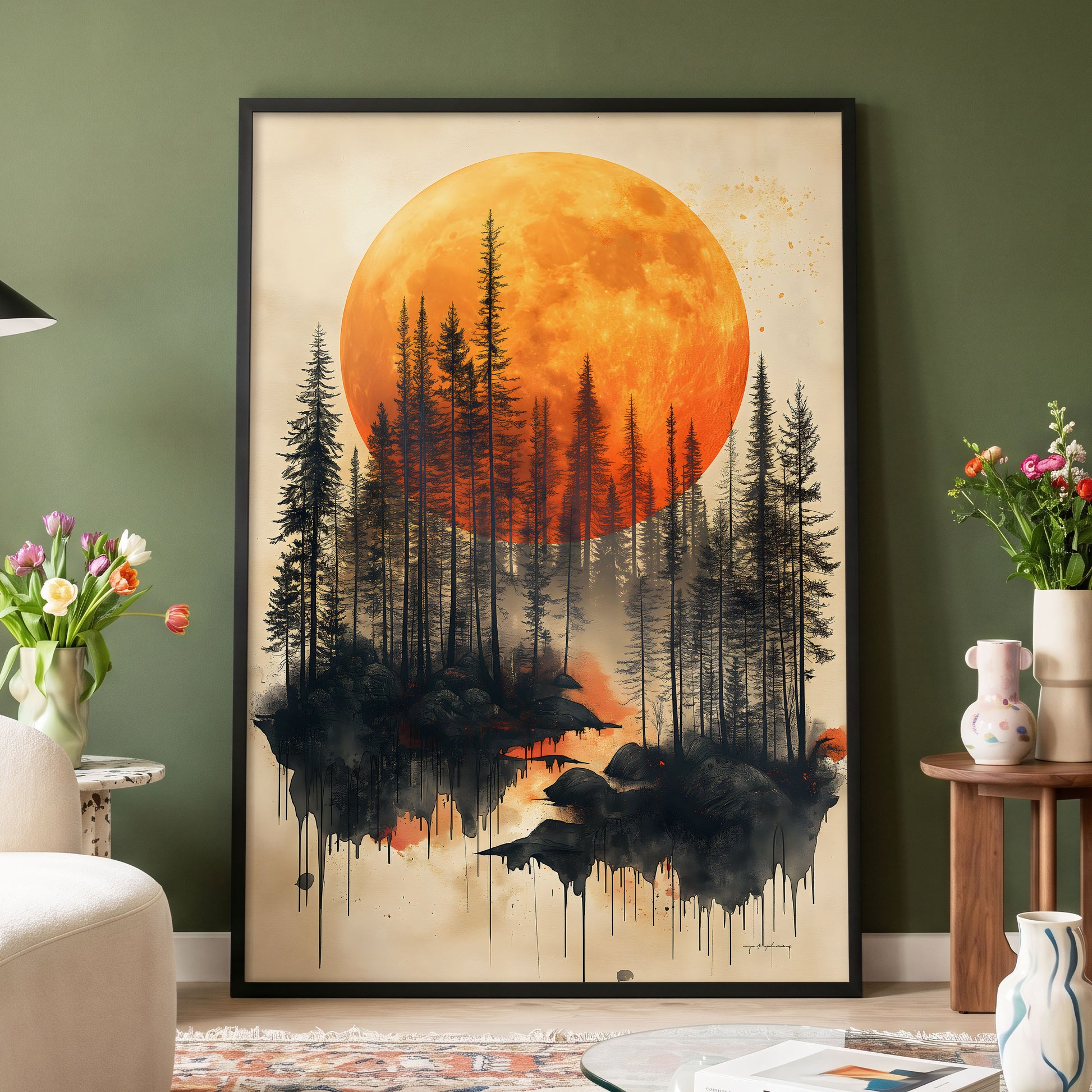 Ember Moon Forest, black, beige, orange nature wall art displayed in a styled interior, gallery view 4