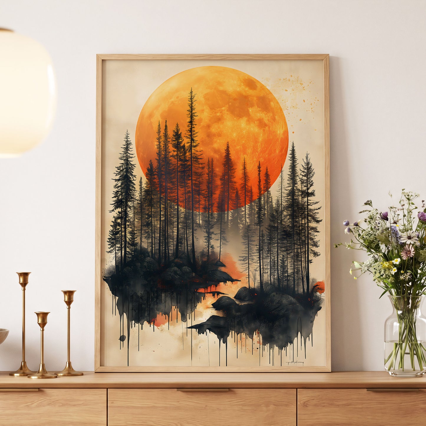 Ember Moon Forest, black, beige, orange nature wall art displayed in a styled interior, gallery view 5