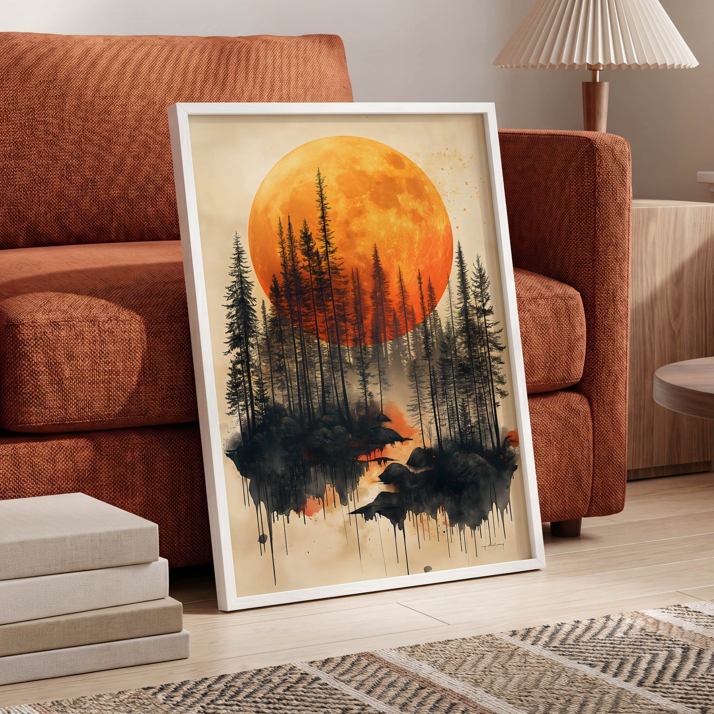 Ember Moon Forest, black, beige, orange nature wall art displayed in a styled interior, gallery view 6