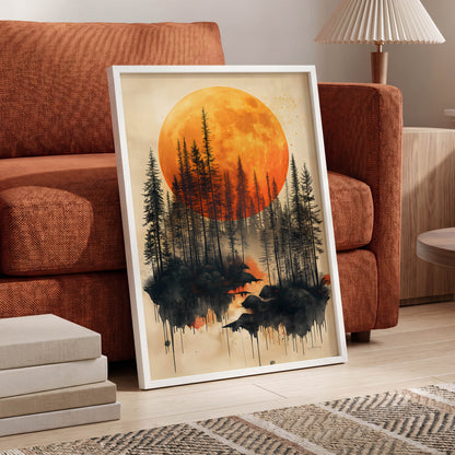 Ember Moon Forest, black, beige, orange nature wall art displayed in a styled interior, gallery view 6