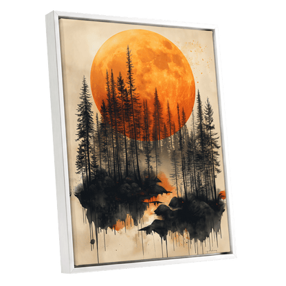 Ember Moon Forest, black, beige, orange nature wall art shown as a white framed canvas wall art