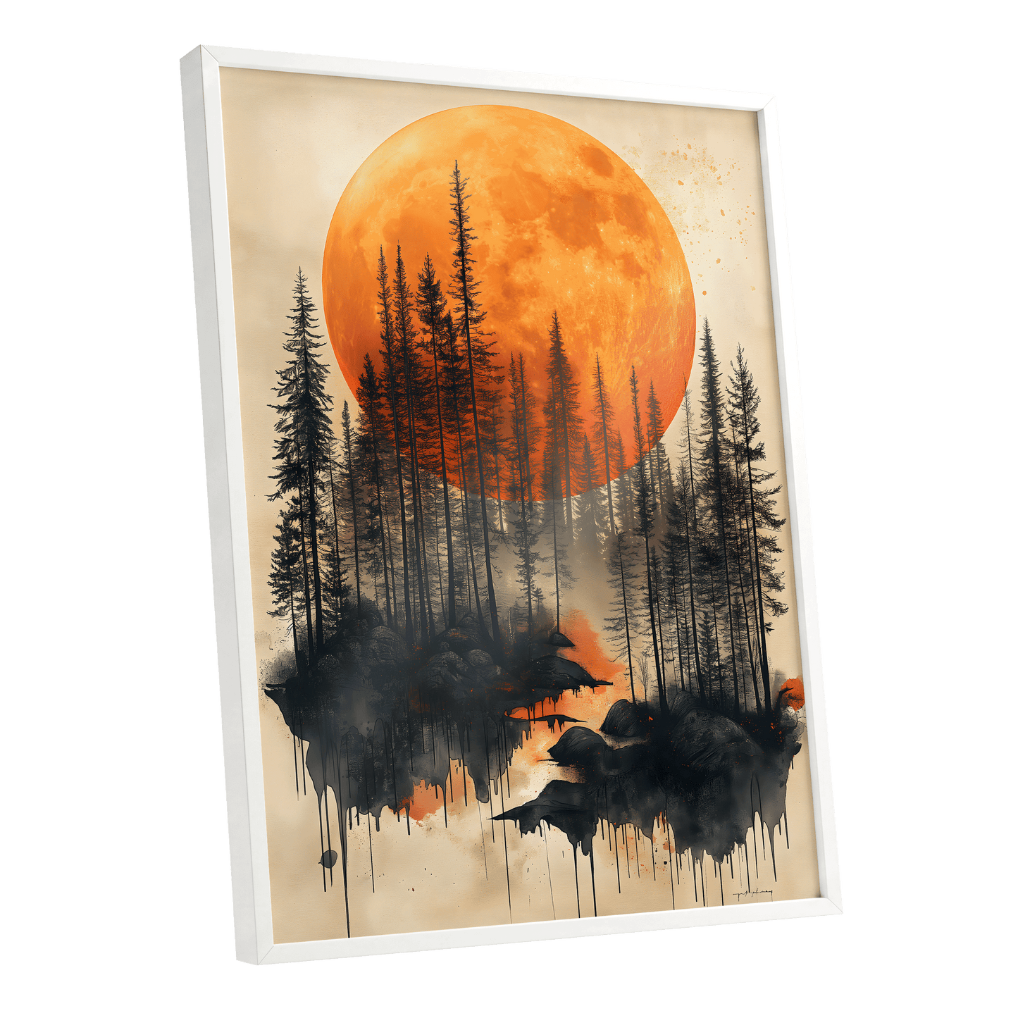 Ember Moon Forest, black, beige, orange nature wall art shown as a white framed poster wall art print