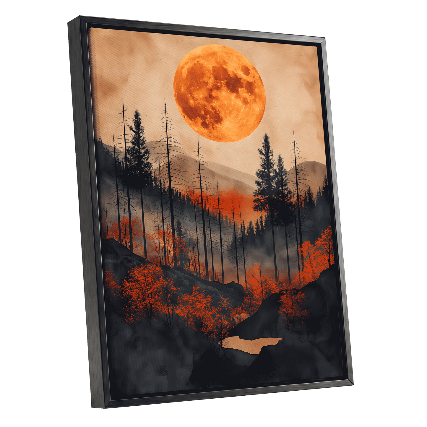Ember Moon Wilderness, black, beige, orange nature wall art shown as a black framed canvas wall art