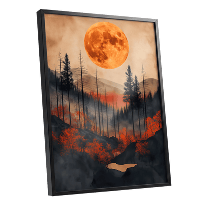 Ember Moon Wilderness, black, beige, orange nature wall art shown as a black framed poster wall art print