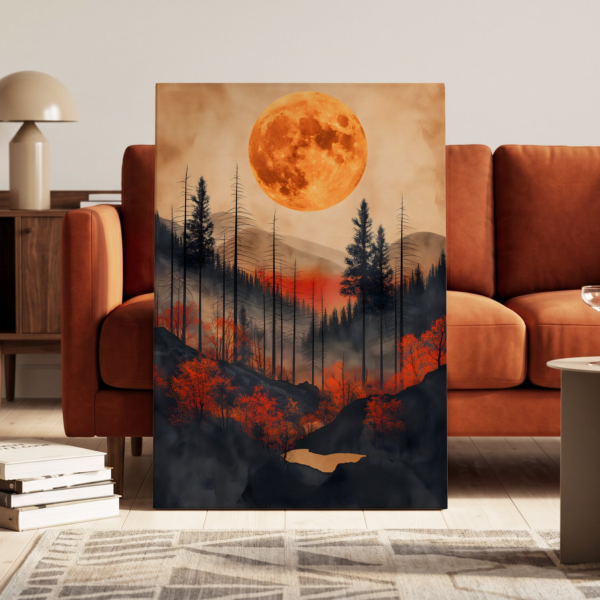Ember Moon Wilderness, black, beige, orange nature wall art on canvas displayed in a styled interior, gallery view 1