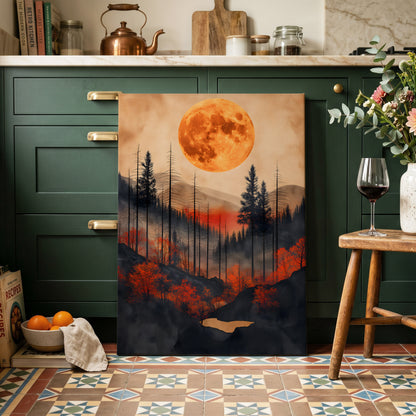 Ember Moon Wilderness, black, beige, orange nature wall art on canvas displayed in a styled interior, gallery view 2