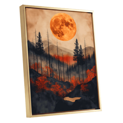 Ember Moon Wilderness, black, beige, orange nature wall art shown as a gold framed canvas wall art