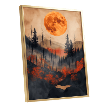 Ember Moon Wilderness, black, beige, orange nature wall art shown as a gold framed poster wall art print