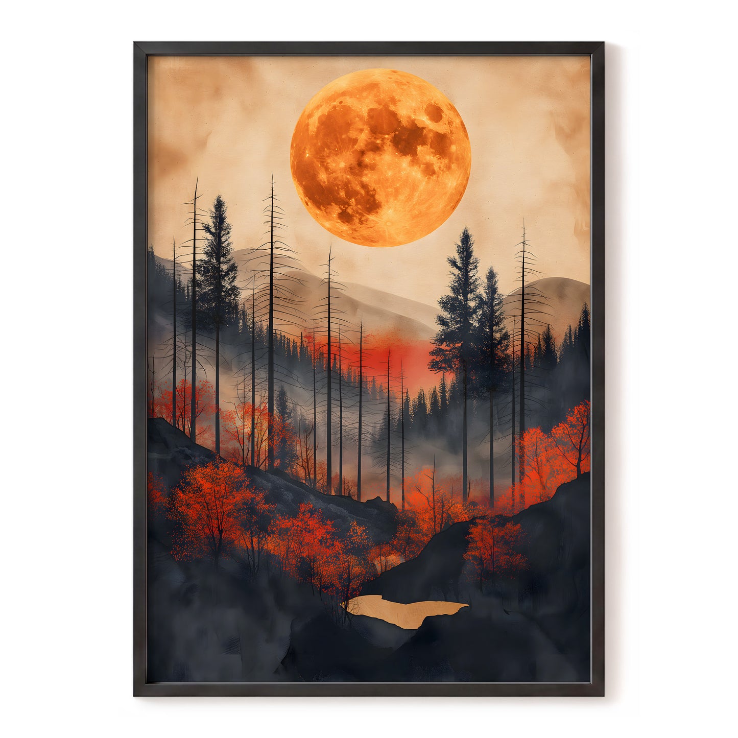 Ember Moon Wilderness, black, beige, orange nature wall art, front artwork view
