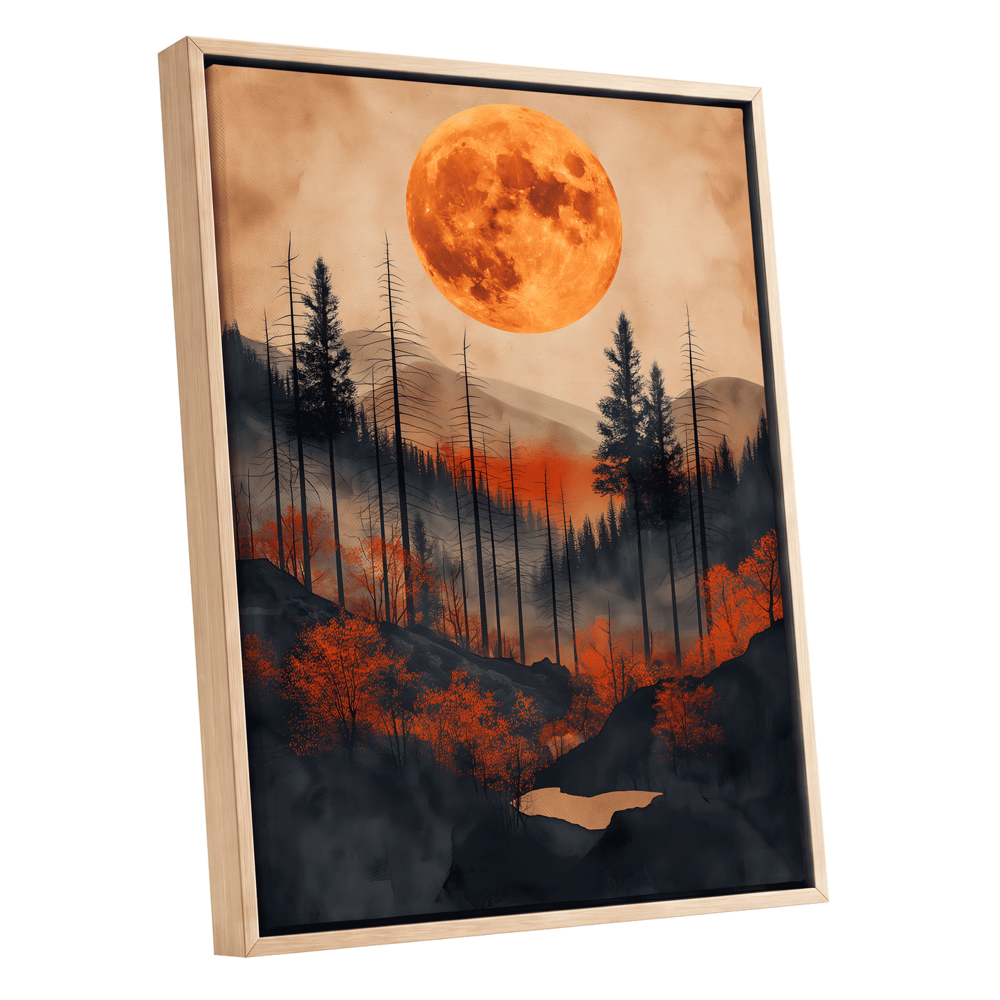 Ember Moon Wilderness, black, beige, orange nature wall art shown as a oak framed canvas wall art