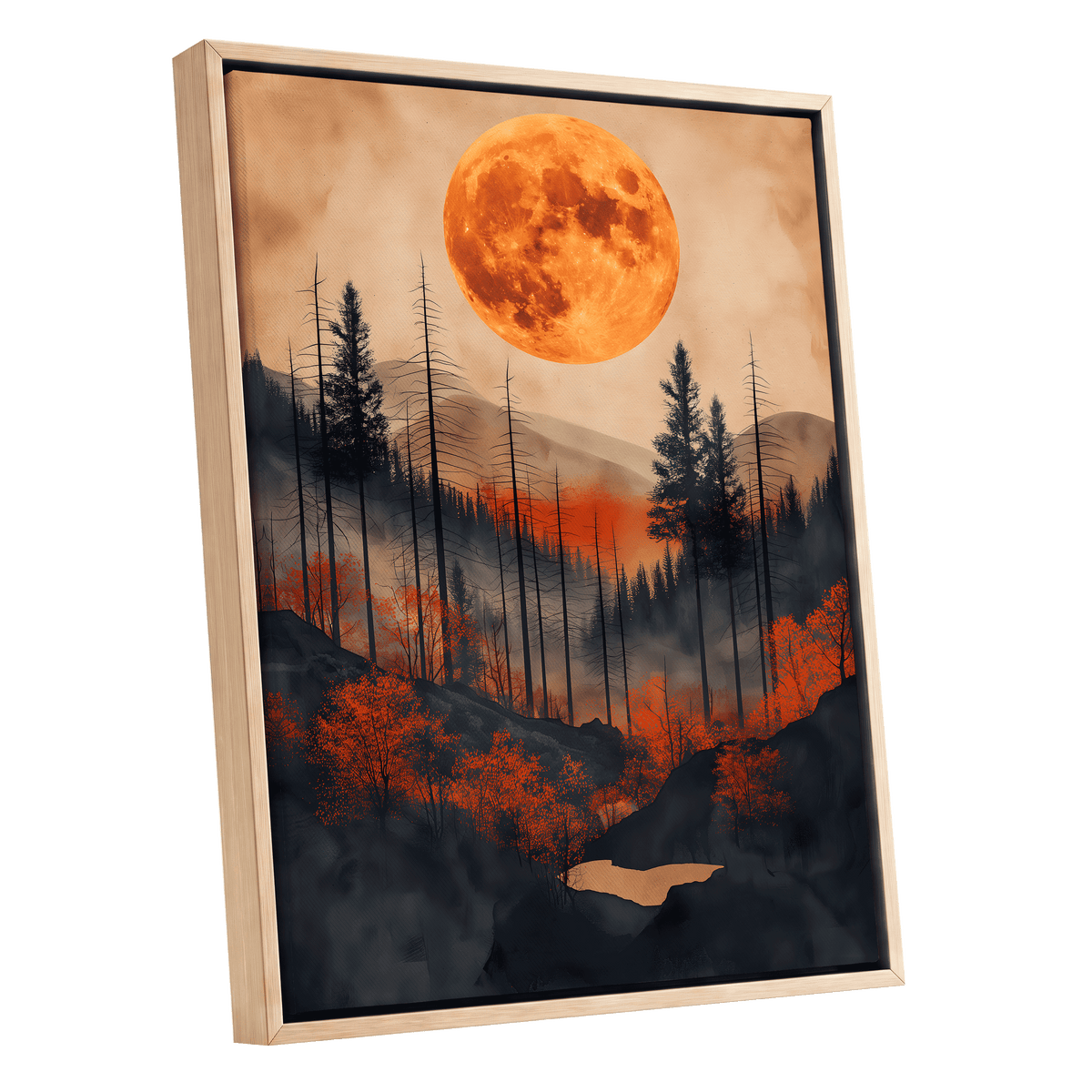 Ember Moon Wilderness, black, beige, orange nature wall art shown as a oak framed canvas wall art