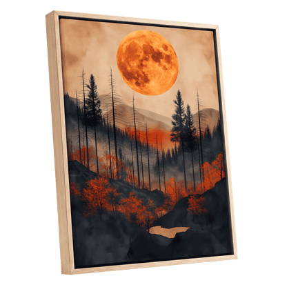 Ember Moon Wilderness, black, beige, orange nature wall art shown as a oak framed canvas wall art