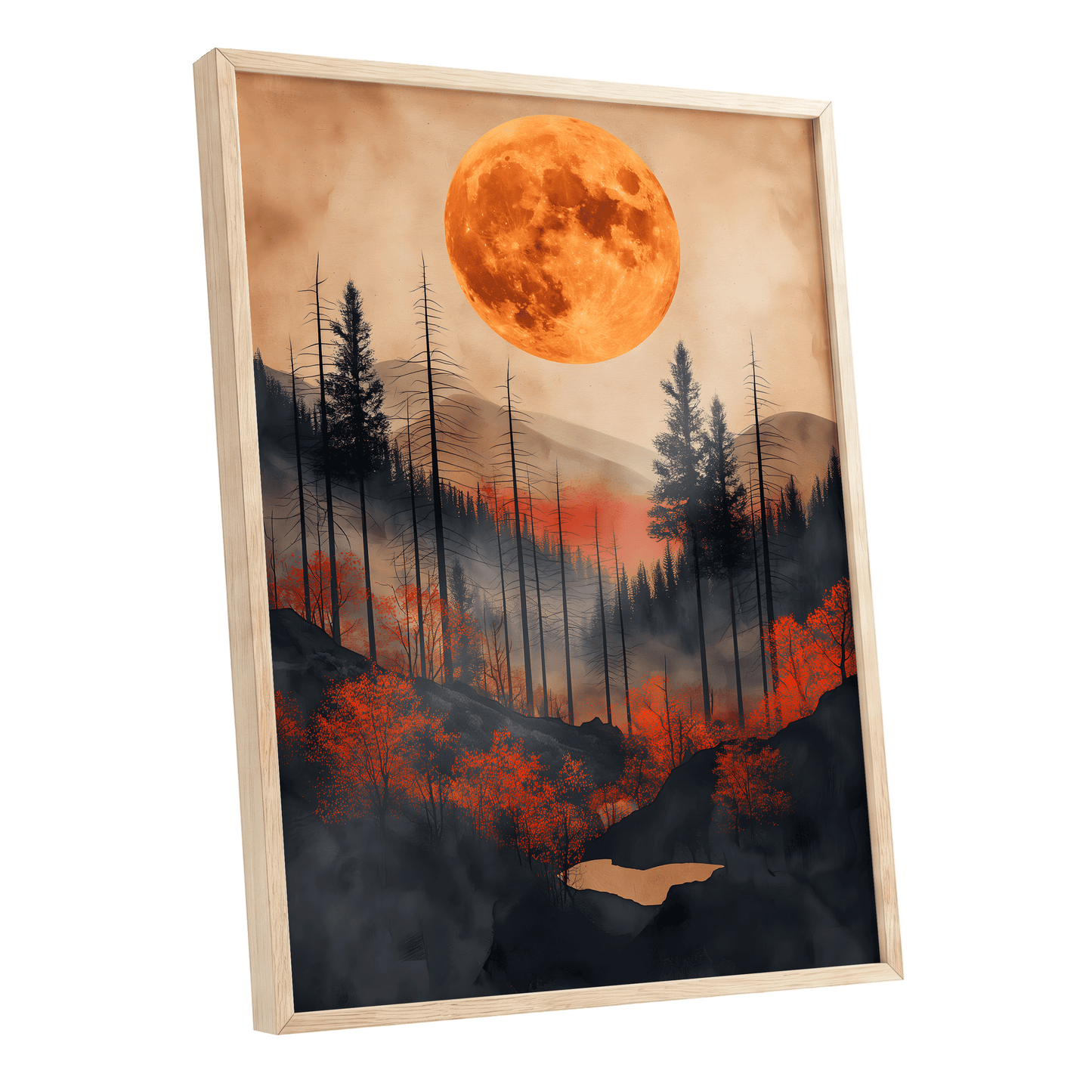 Ember Moon Wilderness, black, beige, orange nature wall art shown as a oak framed poster wall art print