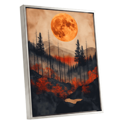 Ember Moon Wilderness, black, beige, orange nature wall art shown as a silver framed canvas wall art