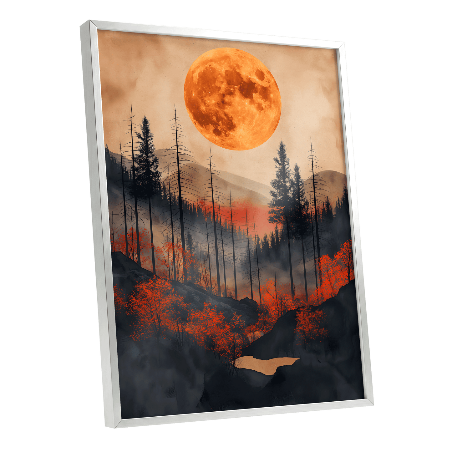 Ember Moon Wilderness, black, beige, orange nature wall art shown as a silver framed poster wall art print