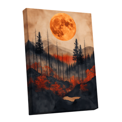 Ember Moon Wilderness, black, beige, orange nature wall art shown as a stretched canvas wall art