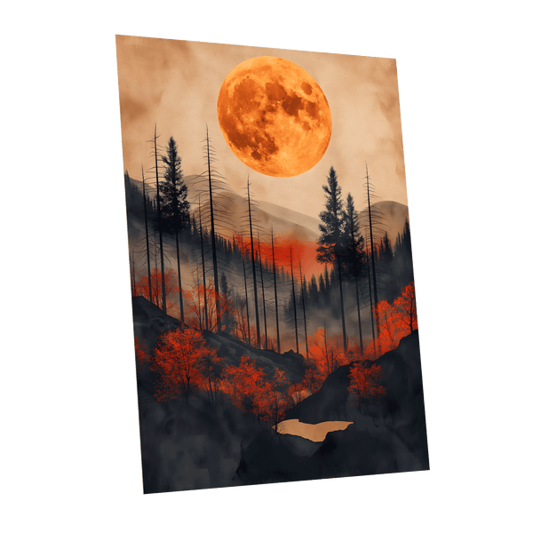Ember Moon Wilderness, black, beige, orange nature wall art shown as a unframed poster wall art print