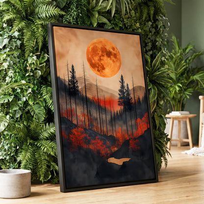 Ember Moon Wilderness, black, beige, orange nature wall art displayed in a styled interior, gallery view 1