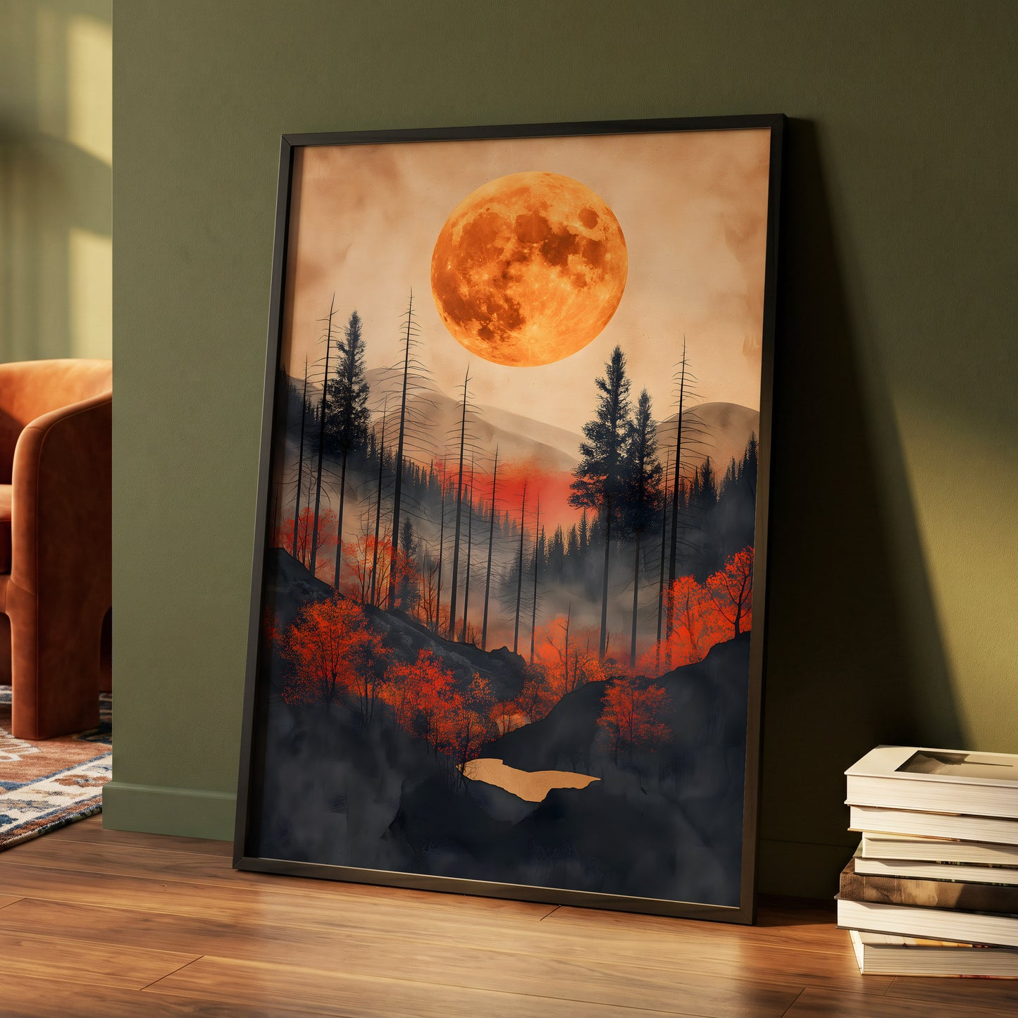 Ember Moon Wilderness, black, beige, orange nature wall art displayed in a styled interior, gallery view 4