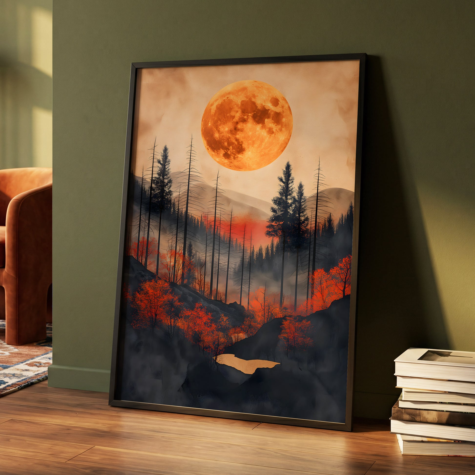 Ember Moon Wilderness, black, beige, orange nature wall art displayed in a styled interior, gallery view 4
