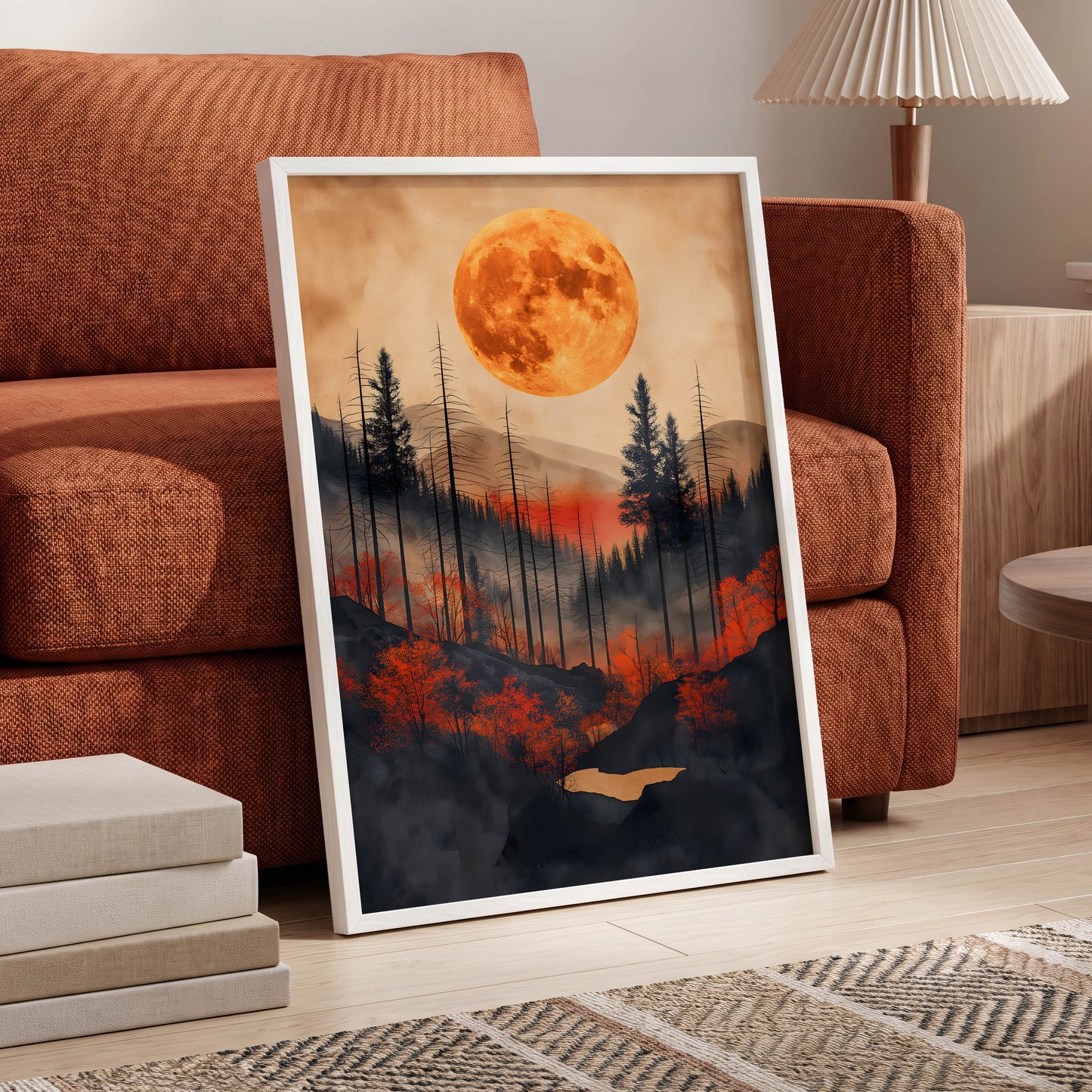 Ember Moon Wilderness, black, beige, orange nature wall art displayed in a styled interior, gallery view 6
