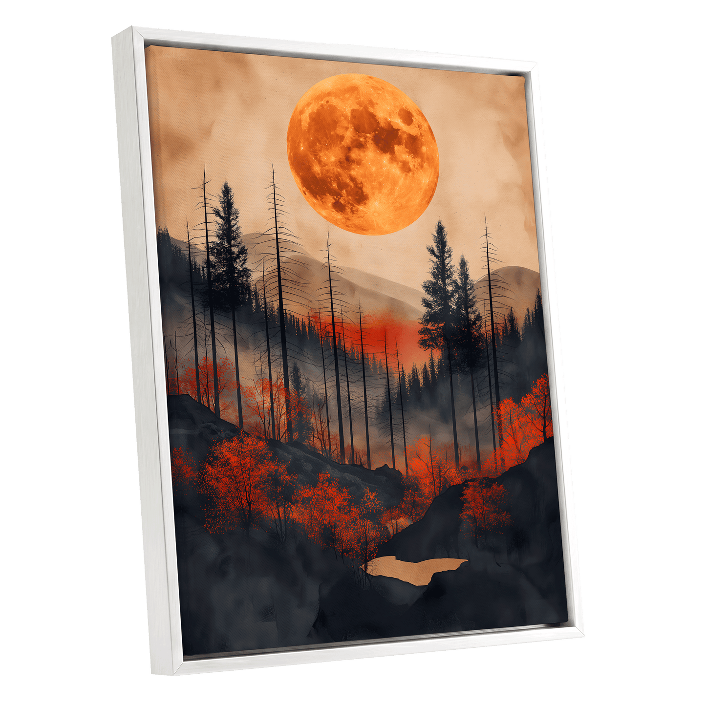 Ember Moon Wilderness, black, beige, orange nature wall art shown as a white framed canvas wall art