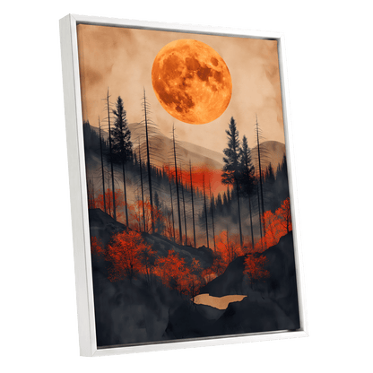 Ember Moon Wilderness, black, beige, orange nature wall art shown as a white framed canvas wall art