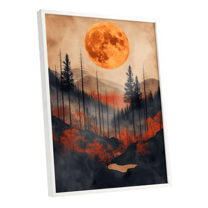 Ember Moon Wilderness, black, beige, orange nature wall art shown as a white framed poster wall art print