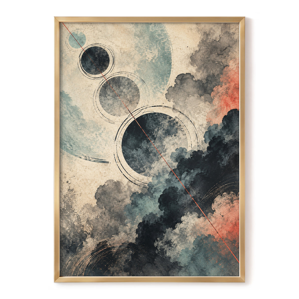 Ember Orbit, beige, black, blue abstract wall art, front artwork view