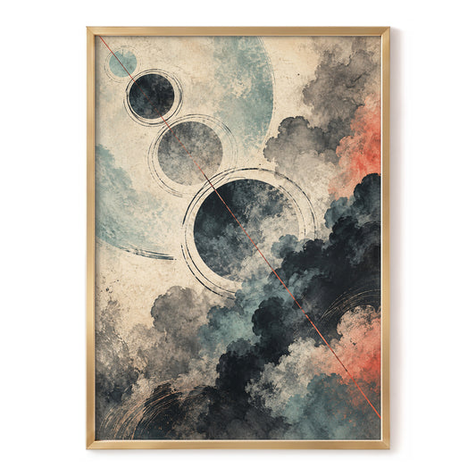 Ember Orbit, beige, black, blue abstract wall art, front artwork view