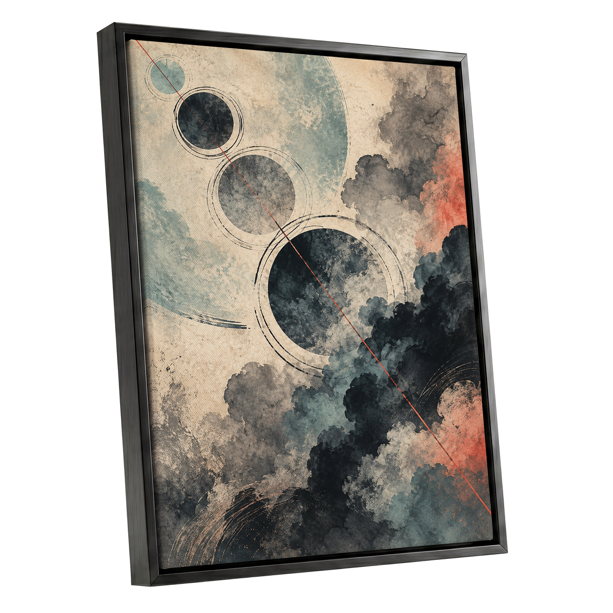 Ember Orbit, beige, black, blue abstract wall art shown as a black framed canvas wall art