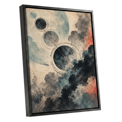 Ember Orbit, beige, black, blue abstract wall art shown as a black framed canvas wall art