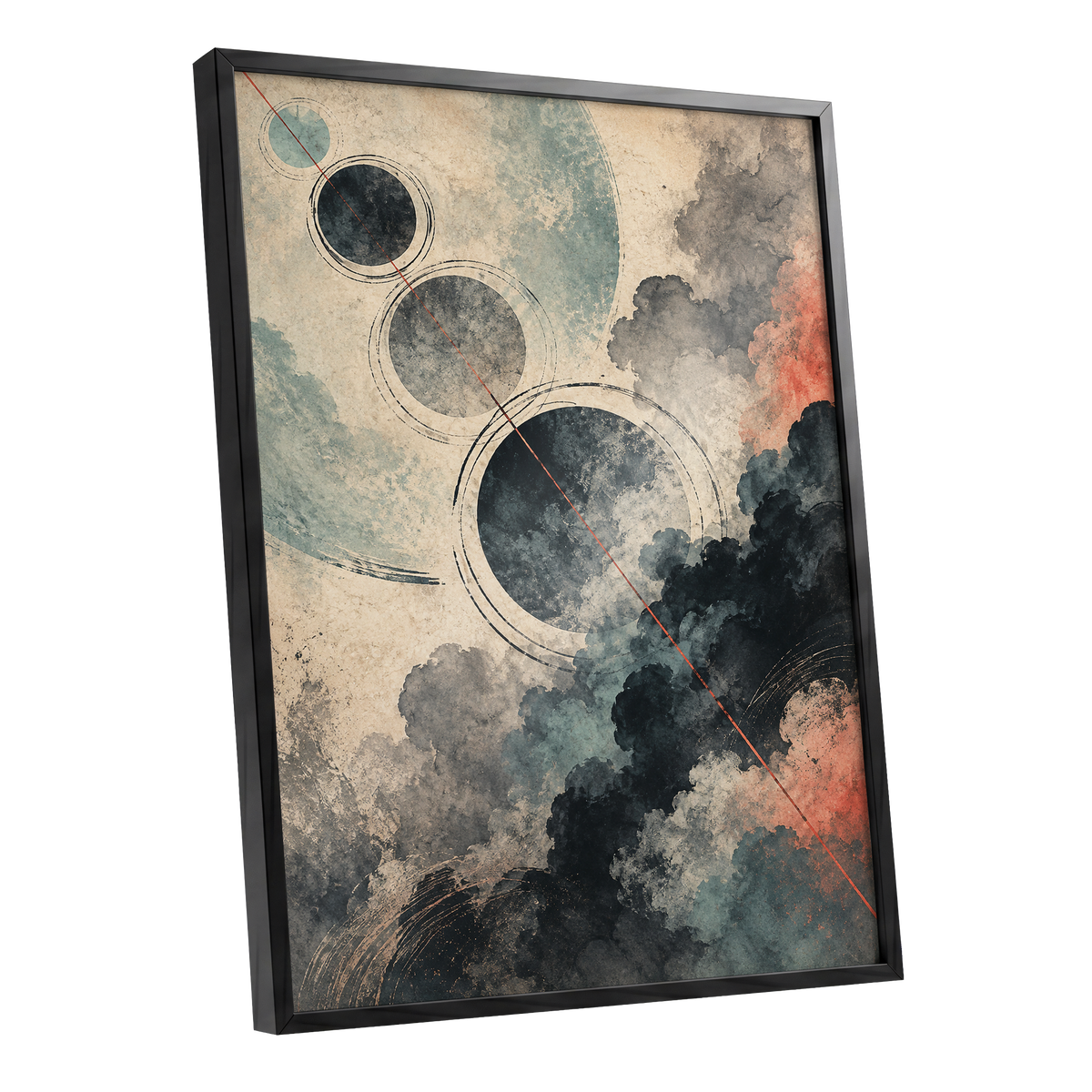 Ember Orbit, beige, black, blue abstract wall art shown as a black framed poster wall art print