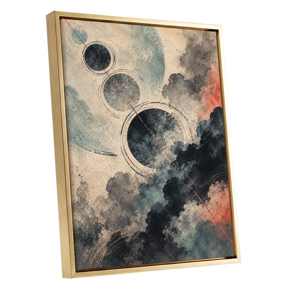 Ember Orbit, beige, black, blue abstract wall art shown as a gold framed canvas wall art