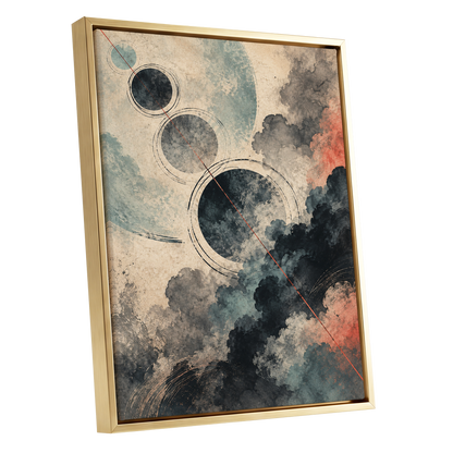 Ember Orbit, beige, black, blue abstract wall art shown as a gold framed canvas wall art