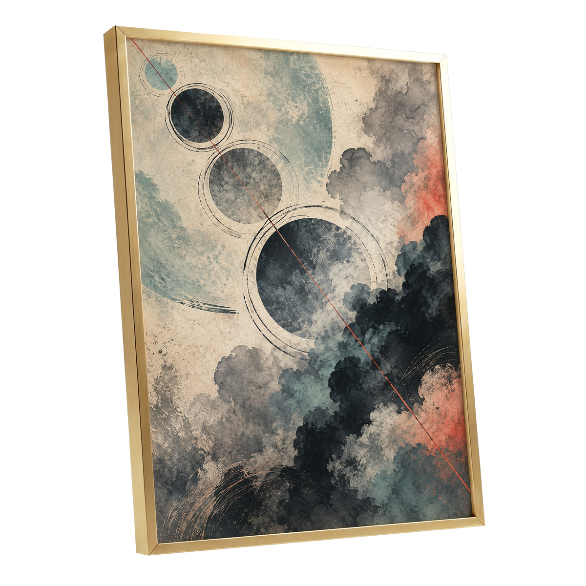 Ember Orbit, beige, black, blue abstract wall art shown as a gold framed poster wall art print