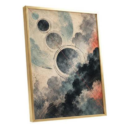 Ember Orbit, beige, black, blue abstract wall art shown as a gold framed poster wall art print