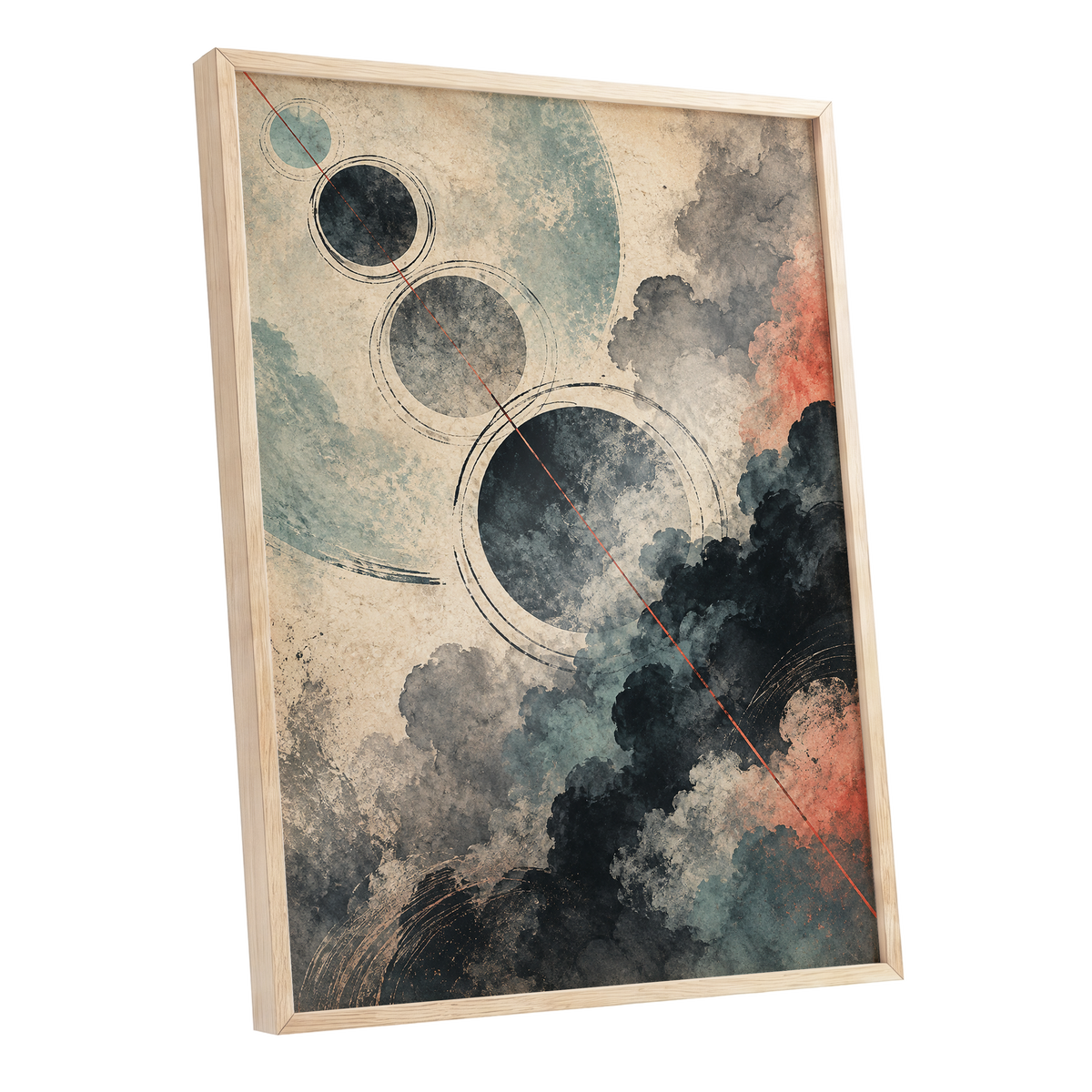 Ember Orbit, beige, black, blue abstract wall art shown as a oak framed poster wall art print