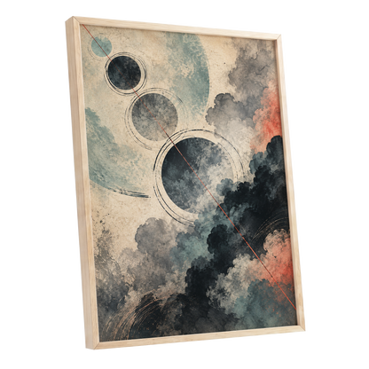 Ember Orbit, beige, black, blue abstract wall art shown as a oak framed poster wall art print