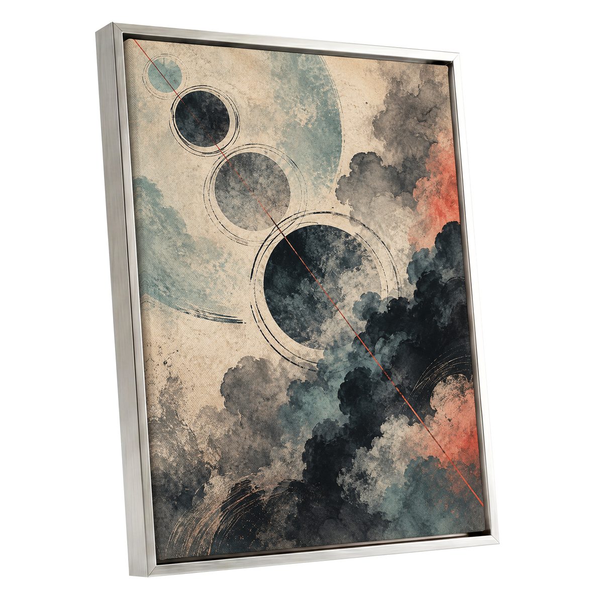 Ember Orbit, beige, black, blue abstract wall art shown as a silver framed canvas wall art