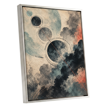 Ember Orbit, beige, black, blue abstract wall art shown as a silver framed canvas wall art