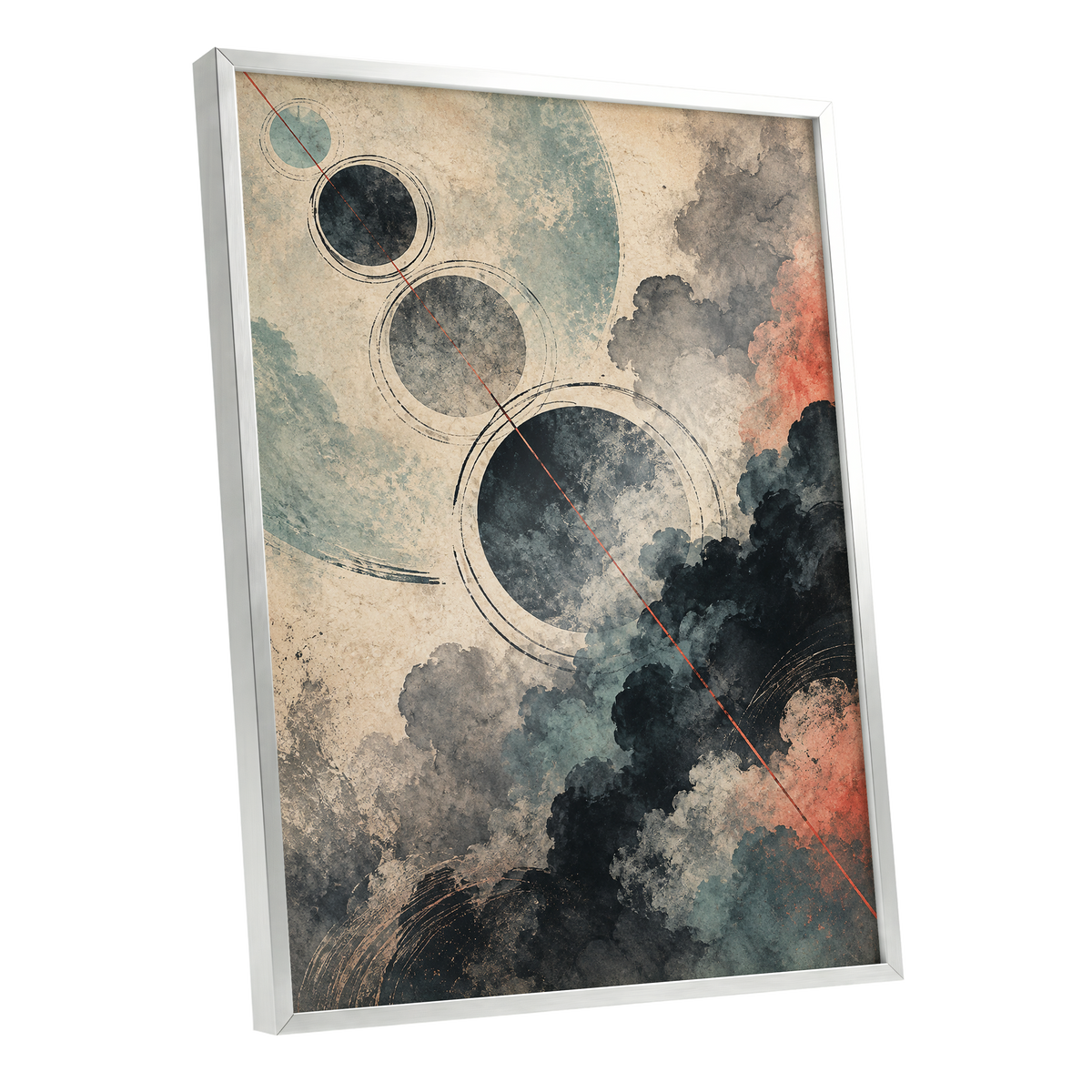 Ember Orbit, beige, black, blue abstract wall art shown as a silver framed poster wall art print