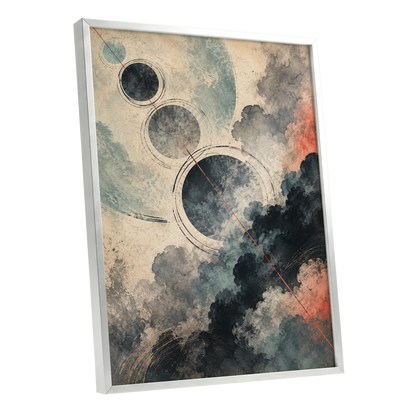 Ember Orbit, beige, black, blue abstract wall art shown as a silver framed poster wall art print