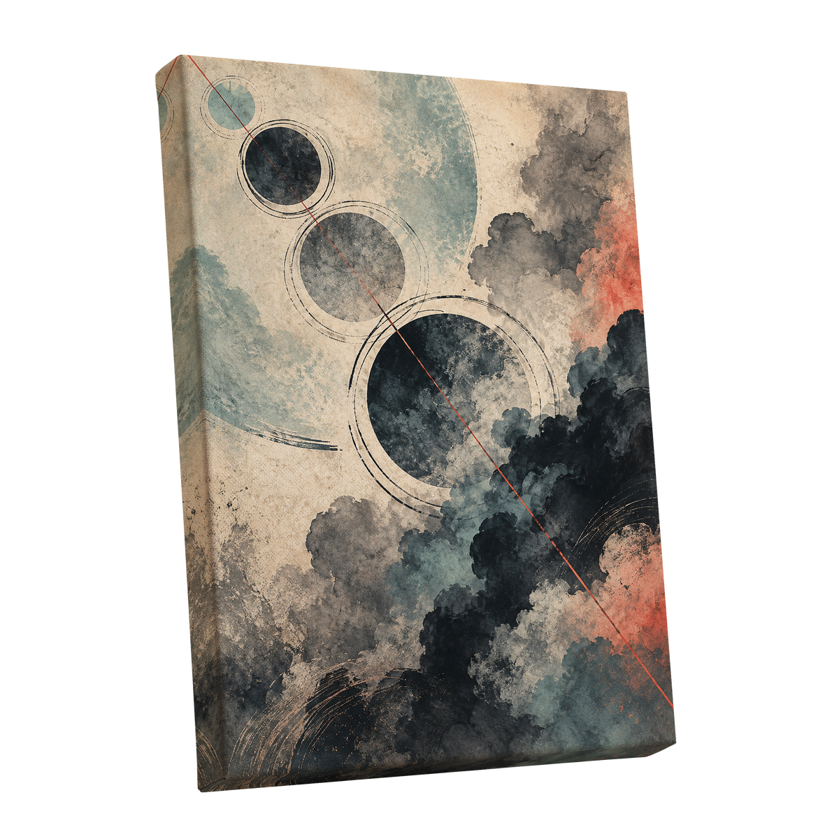 Ember Orbit, beige, black, blue abstract wall art shown as a stretched canvas wall art