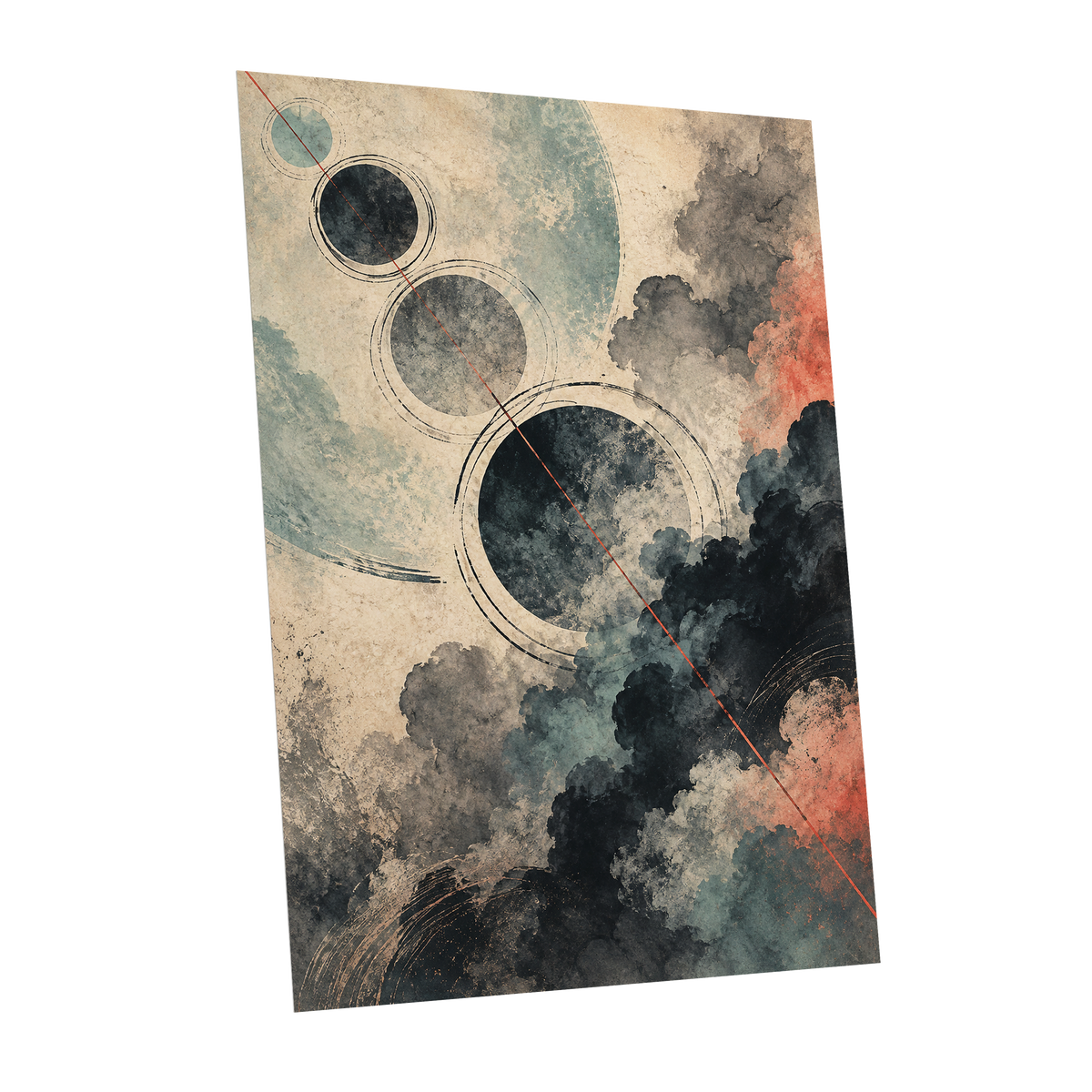 Ember Orbit, beige, black, blue abstract wall art shown as a unframed poster wall art print